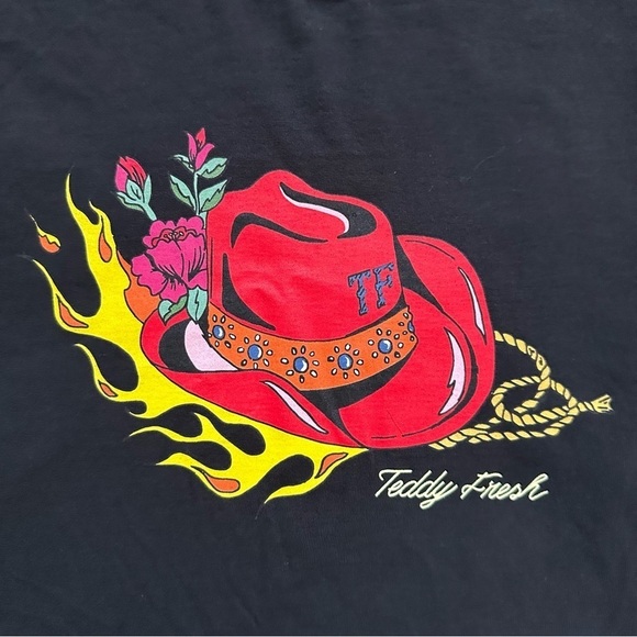Teddy Fresh Long Sleeve Tee Giddy Up Cowboy Hat Flames Crewneck Black S NWT New - Picture 6 of 11